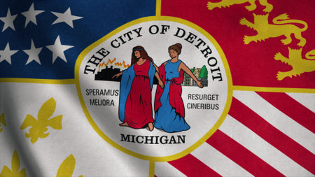 Detroit city flag, city of USA or United States of America, waving at wind. 3d rendering