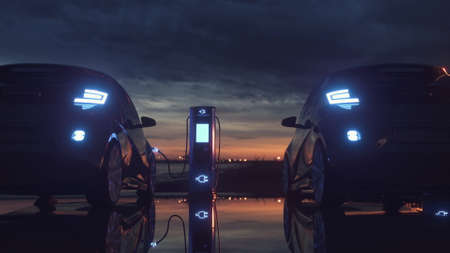 Charge station for electric cars. Electric cars at charging station. 3d rendering