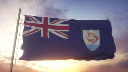 Flag of Anguilla waving in the wind, sky and sun background. 3d rendering