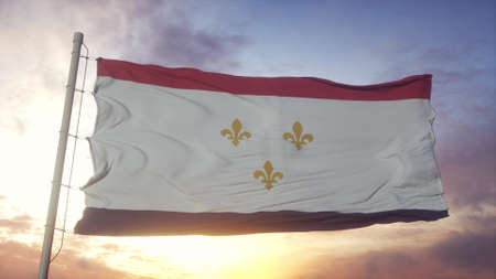 Flag of New Orleans, city of United States of America waving in the wind, sky and sun background. 3d rendering.の写真素材