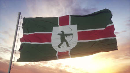Nottinghamshire flag, England, waving in the wind, sky and sun background. 3d rendering.の写真素材