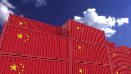 China flag containers are located at the container terminal. China export or import concept, 3d...