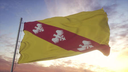 Lorraine flag, France, waving in the wind, sky and sun background. 3d rendering.の写真素材