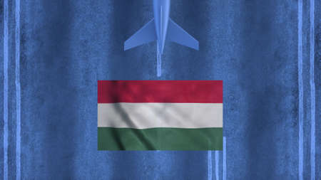 Commercial airplane landing at the airport of Hungary. Aerial view of a landing airplane on the airfield. Hungary travel concept. 3d rendering.の写真素材