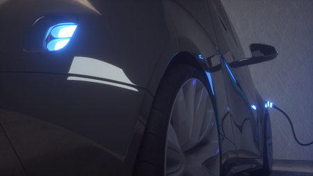 Electric car power supply charging on charge station. 3d illustration