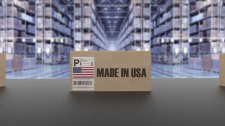 Boxes with MADE IN USA text on conveyor. American goods related. 3d renderingの写真素材