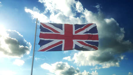 Flag of United Kingdom waving at wind against beautiful blue sky. 3d rendering