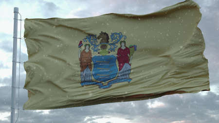 New Jersey winter flag with snowflakes background. United States of America. 3d illustrationの写真素材
