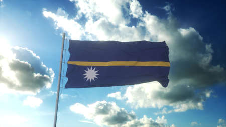 Flag of Nauru waving at wind against beautiful blue sky. 3d renderingの写真素材