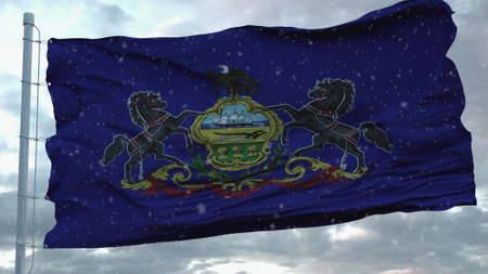 Pennsylvania winter flag with snowflakes background. United States of America. 3d illustration.の写真素材
