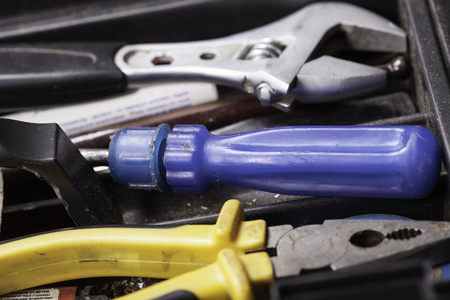 lot of hand tools and equipment close upの写真素材