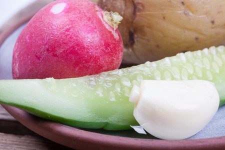healthy food vegetables on a dish on table still lifeの写真素材