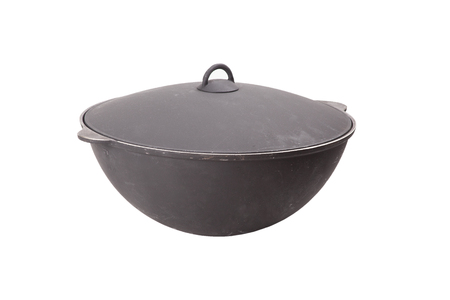 cast iron cauldron closeup isolated on whiteの写真素材