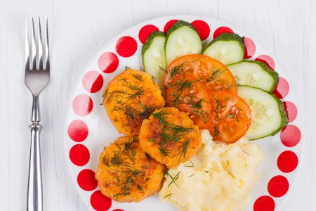 carrot cutlets with mashed potatoes and vegetables, finished dish menuの写真素材