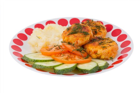 carrot cutlets with mashed potatoes and vegetables, finished dish menuの写真素材