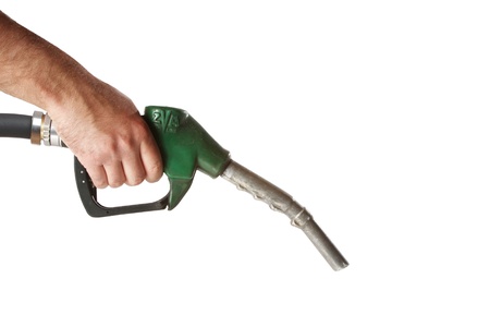 Male hand with gas station pump isolated on white の写真素材
