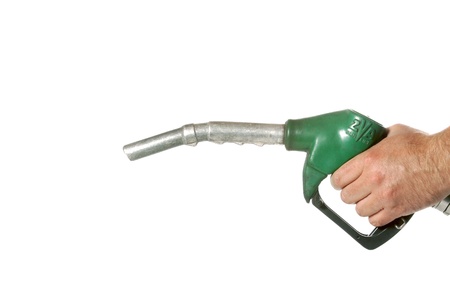 Male hand with green pump isolated on white の写真素材