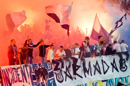 RIJEKA, CROATIA - SEPTEMBER 22:  fans on soccer match between HNK Rijeka and GNK Dinamo on September 22, 2012 in Rijeka, Croatiaのeditorial素材
