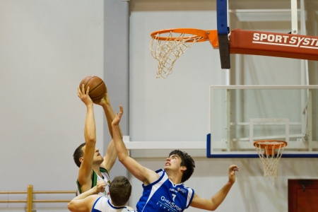 RIJEKA, CROATIA - NOV, 3: basketball match (A-2 Croatian Basketball  League) between Skrljevo (white) and Ghia Staff (blue) on November 3, 2012 in Rijeka, Croatiaのeditorial素材
