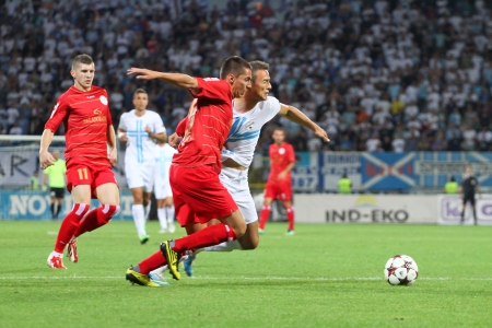 RIJEKA, CROATIA AUGUST 17 soccer derby match NK Rijeka  white  vs  NK Split  red  on August 17, 2013 in Rijeka のeditorial素材