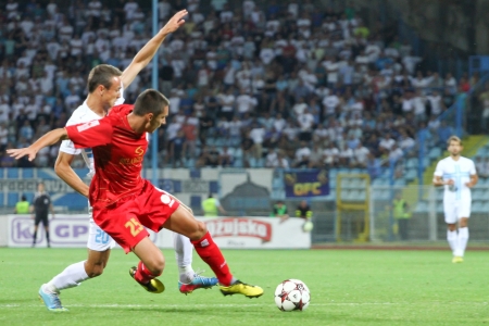 RIJEKA, CROATIA AUGUST 17 soccer derby match NK Rijeka  white  vs  NK Split  red  on August 17, 2013 in Rijeka のeditorial素材