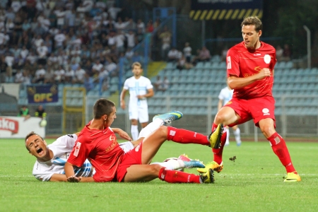 RIJEKA, CROATIA AUGUST 17 soccer derby match NK Rijeka  white  vs  NK Split  red  on August 17, 2013 in Rijeka のeditorial素材