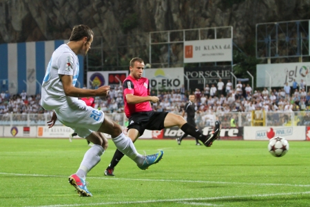 RIJEKA, CROATIA SEPTEMBER 2 soccer derby match NK Rijeka  white  vs  NK Lokomotiva  black-pink  on September 2, 2013 in Rijeka のeditorial素材