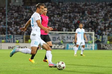 RIJEKA, CROATIA SEPTEMBER 2 soccer derby match NK Rijeka  white  vs  NK Lokomotiva  black-pink  on September 2, 2013 in Rijeka のeditorial素材