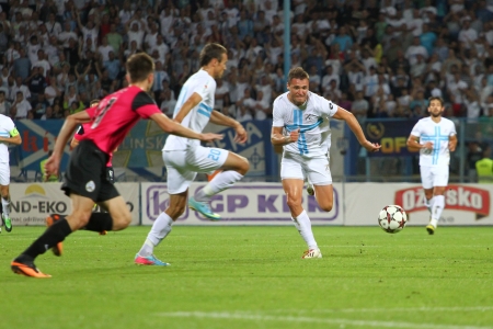 RIJEKA, CROATIA SEPTEMBER 2 soccer derby match NK Rijeka  white  vs  NK Lokomotiva  black-pink  on September 2, 2013 in Rijeka のeditorial素材