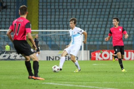 RIJEKA, CROATIA SEPTEMBER 2 soccer derby match NK Rijeka  white  vs  NK Lokomotiva  black-pink  on September 2, 2013 in Rijeka のeditorial素材