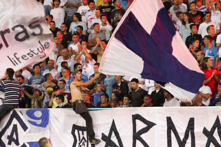 RIJEKA, CROATIA SEPTEMBER 2 soccer derby match NK Rijeka  white  vs  NK Lokomotiva  black-pink  on September 2, 2013 in Rijeka のeditorial素材