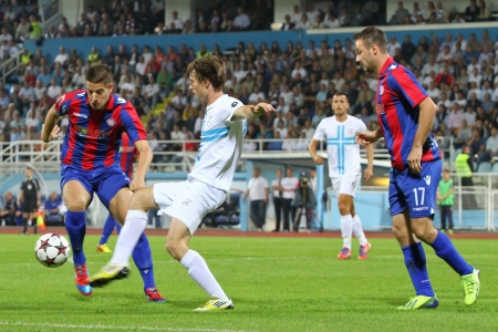 RIJEKA, CROATIA SEPTEMBER 28  soccer derby match NK Rijeka  white  vs  NK Hajduk  blue-red  on September 28, 2013 in Rijeka のeditorial素材