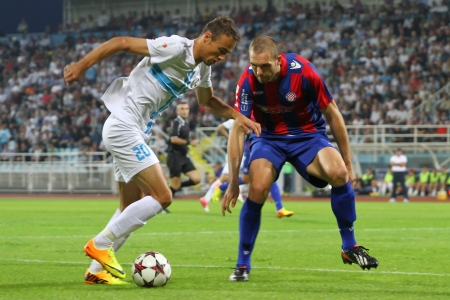 RIJEKA, CROATIA SEPTEMBER 28  soccer derby match NK Rijeka  white  vs  NK Hajduk  blue-red  on September 28, 2013 in Rijeka のeditorial素材