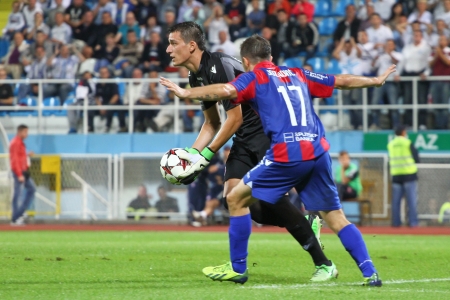RIJEKA, CROATIA SEPTEMBER 28  soccer derby match NK Rijeka  white  vs  NK Hajduk  blue-red  on September 28, 2013 in Rijeka のeditorial素材