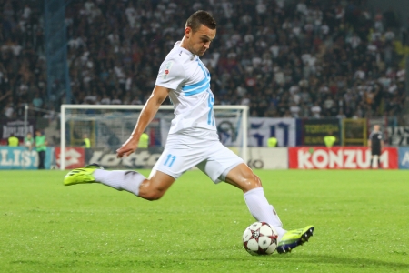 RIJEKA, CROATIA SEPTEMBER 28  soccer derby match NK Rijeka  white  vs  NK Hajduk  blue-red  on September 28, 2013 in Rijeka のeditorial素材