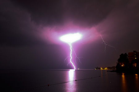 Lightning over sea. Night shot of Opatija, Croatia (1st, Sep 2014)の写真素材