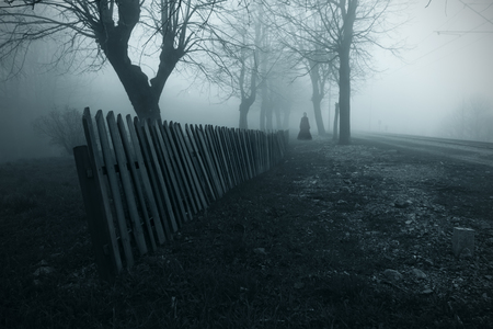 Horror movie scene of lady in the mist in black dress.の写真素材