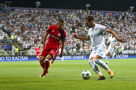 RIJEKA, CROATIA - August 22, 2017:  Marko Vesovic of Rijeka and Omar Elabdellaoui of Olympiacos during the UEFA Champions League play-off match between HNK Rijeka and Olympiacos FC at HNK Rijeka Stadiumのeditorial素材