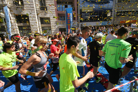 RIJEKA - APRIL 22, 2018: The 22. Rijeka Marathon. People running through the city streets. Croatia on April 22, 2018.のeditorial素材