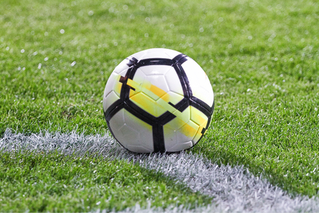 Leather soccer ball on the grassの写真素材