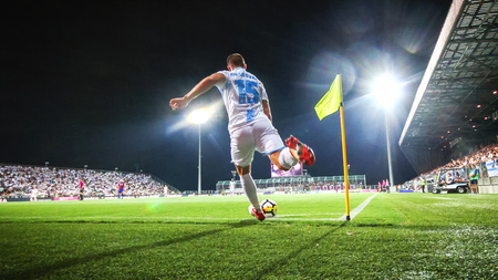 RIJEKA, CROATIA - August 12, 2018: Soccer player kick the balll from corner in the match Rijeka against Hajduk (1st Croatian Football League) at HNK Rijeka Stadiumのeditorial素材