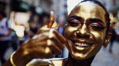 Gold painted street performer face close up urban entertainment artistic performance finance metaphor shocked emotion character creative street art portrait.の写真素材