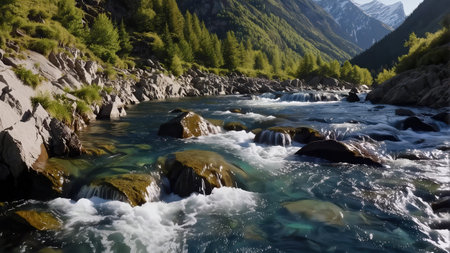 Mountain river rushing through rocky landscape pristine wilderness nature power force motion energy fresh clean environment turquoise water outdoor adventure scene dynamic flowの写真素材