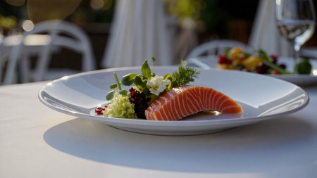 Cooked salmon with microgreens and berries on plate Elegant serving gourmet seafood Fine dining healthy meal culinary artの写真素材
