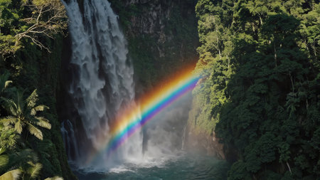 Powerful waterfall cascades down green cliffs mist with bright rainbow Evokes awe natural beauty travel dreamsの写真素材