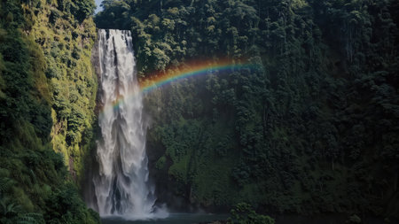 Waterfall plunges down mossy cliff with tropical foliage Rainbow in mist at base Evokes beauty escape hopeの写真素材