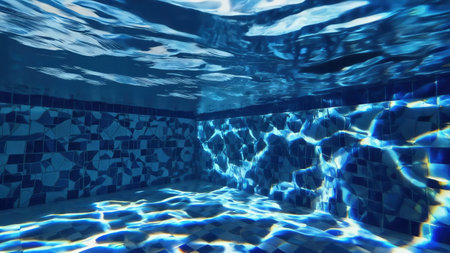 Underwater View Sparkling Blue Swimming Pool Tiled Bottom Sun Light Refraction Summer Relaxation...