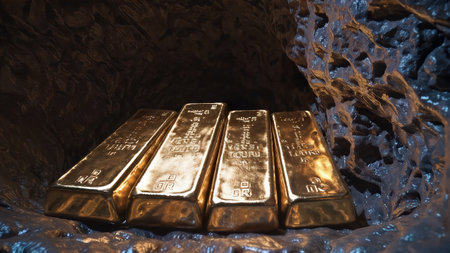 Stacked Gold Bars Ingots Inside Dark Rough Rock Cave Tunnel Entrance View Hidden Treasure Wealth...