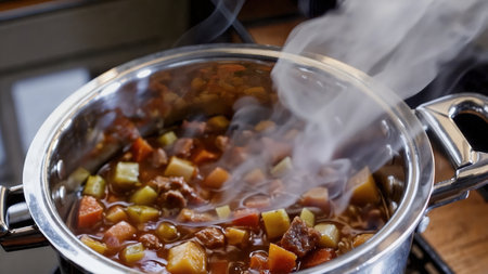 Steaming Hot Pot Of Hearty Beef Vegetable Stew Simmering Cooking Comfort Food Home Style Meal Preparationの写真素材