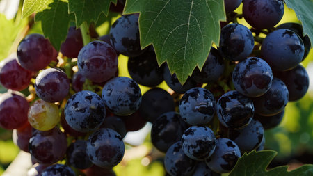 Close Up Detail Ripe Purple Wine Grapes On Vine Dew Drops Morning Sunlight Organic Viticulture...